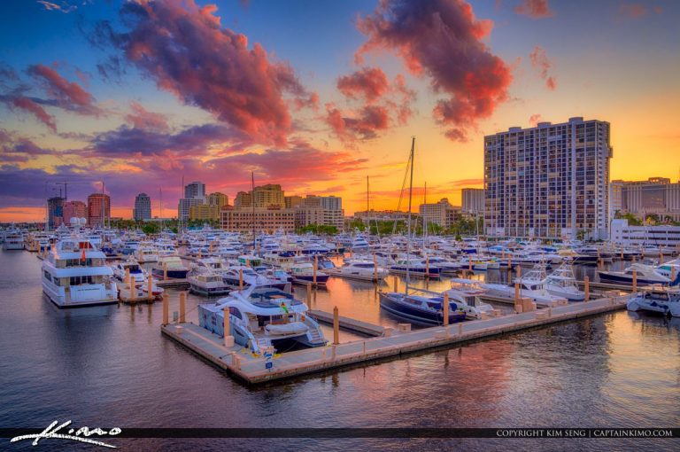 Gorgeous sunset colors over the West Palm Beach Marina from the New Flagler Bridge in West Palm Beach Florida. HDR  image created with EasyHDR and Luminar 2018.